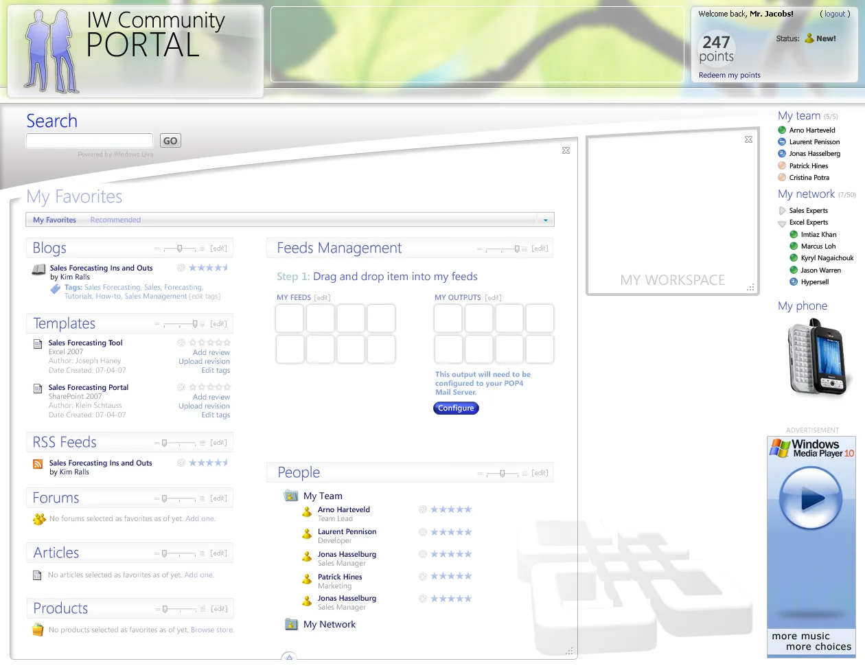 Community portal favorites page with feeds, templates, people, articles, and a personalized workspace.